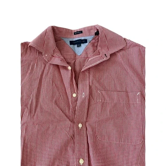 Tommy Hilfiger Dress Shirt Men Size 15.5 32-33 Red Gingham Plaid Checkered Work - Picture 3 of 8